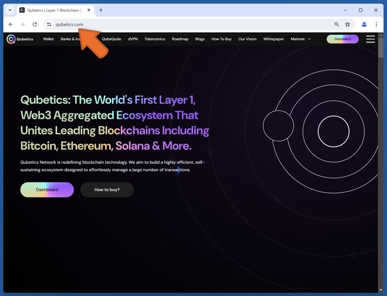 Appearance of the real Qubetics website (qubetics.com)