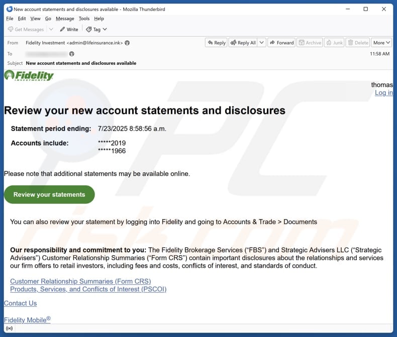Fidelity Investments email spam campaign