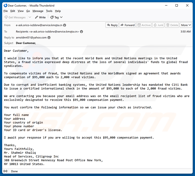 Fraud victim compensation email scam (2025-07-11)