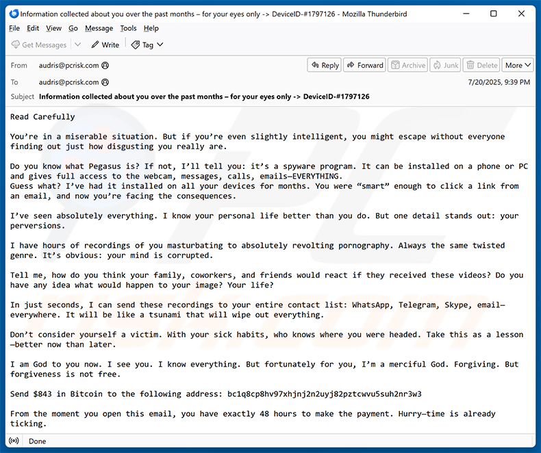Have You Heard About Pegasus? email scam (2025-07-22)