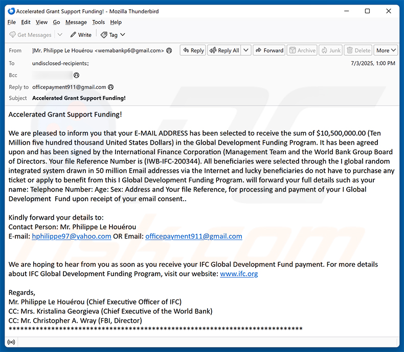 IFC Global Development Funding Program email scam (2025-07-04)
