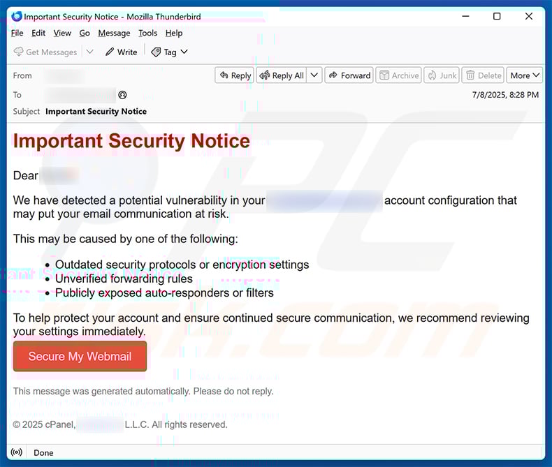 Important Security Notice email scam (2025-07-09)