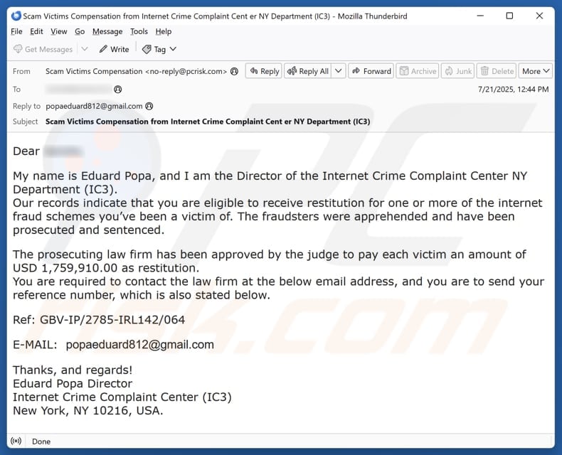Internet Crime Complaint Center email spam campaign