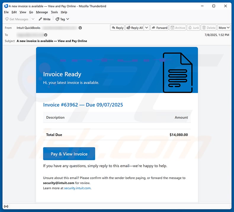 Intuit QuickBooks Invoice email scam (2025-07-09)