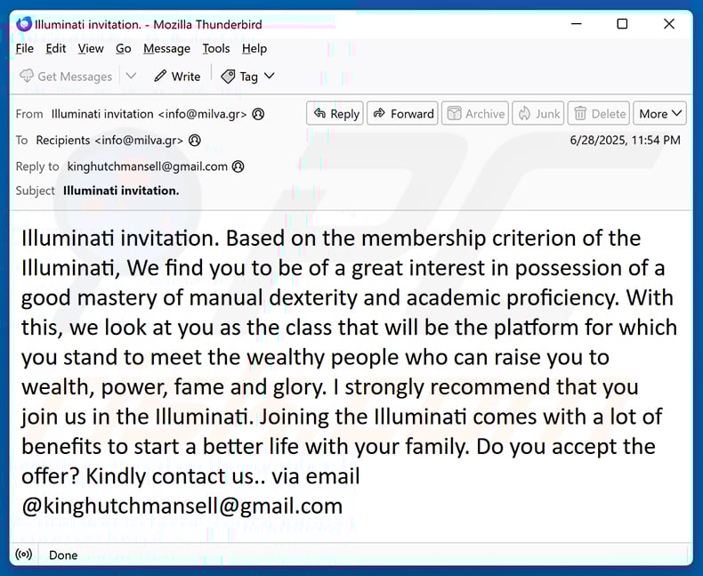 Join Illimunati email scam (2025-07-01)