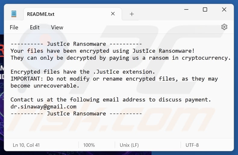 JustIce ransomware text file (README.txt)