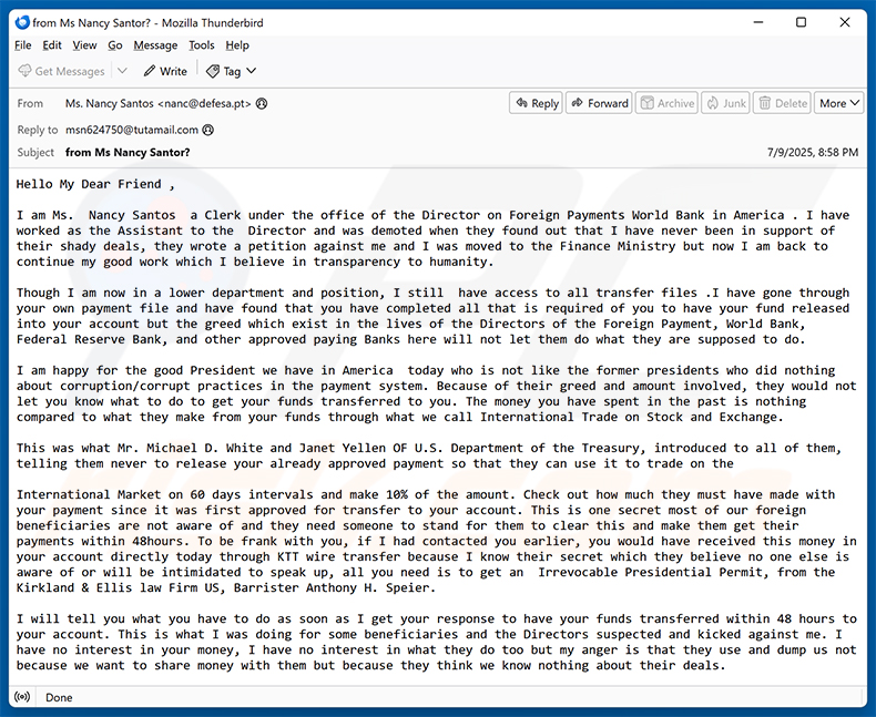 Moving Funds To Your Account email scam (2025-07-10)