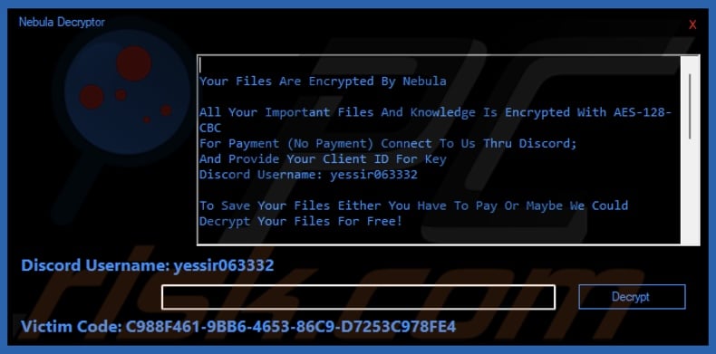 Nebula ransomware ransom note (pop-up)