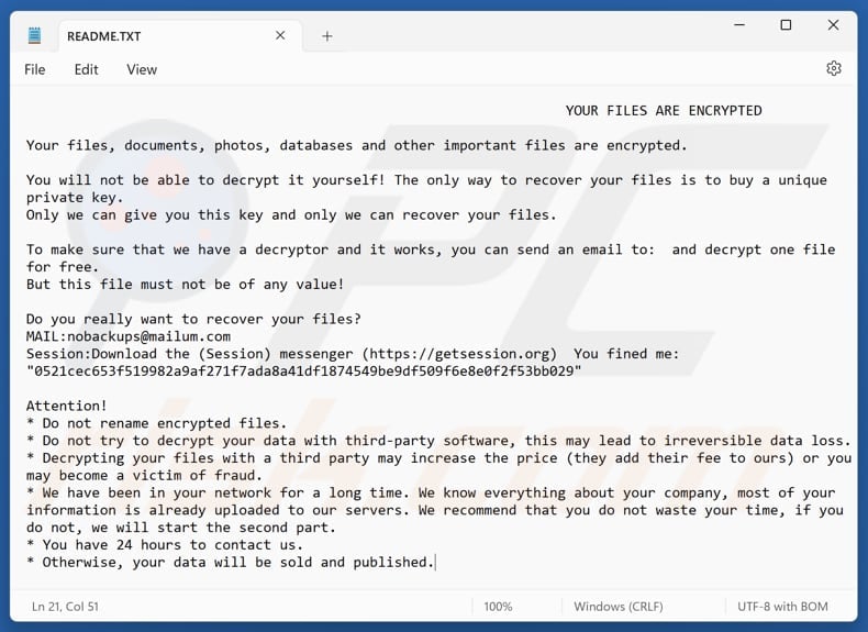NoBackups ransomware text file (README.TXT)