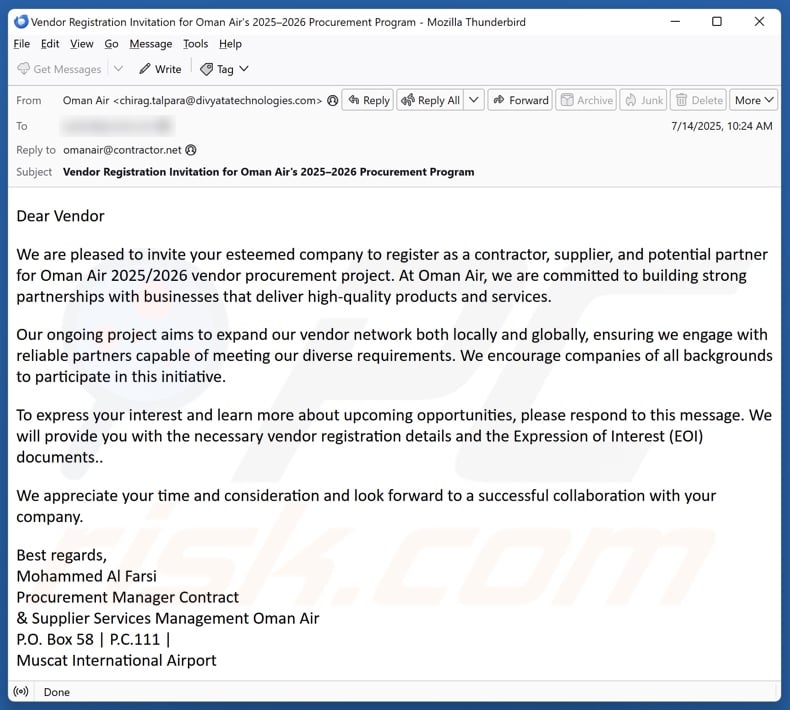 Oman Air email spam campaign