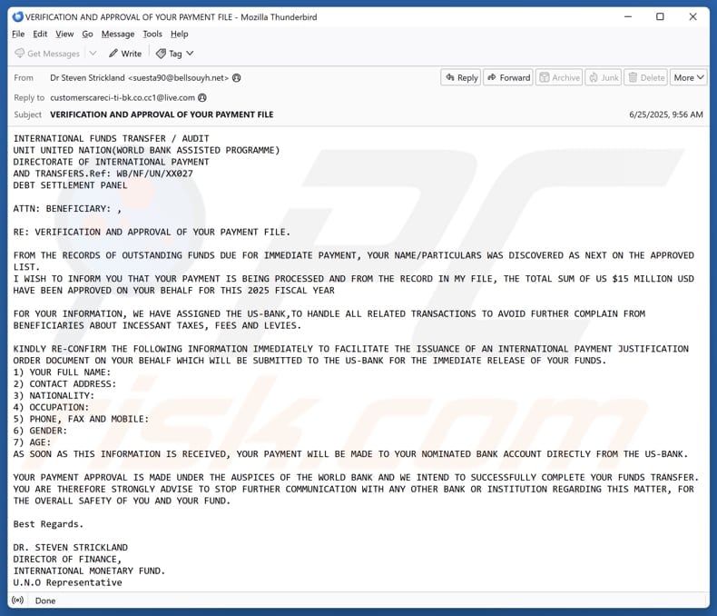 Outstanding Funds Due For Immediate Payment email spam campaign