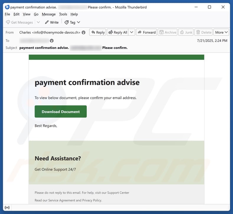 Payment Confirmation Advise email spam campaign
