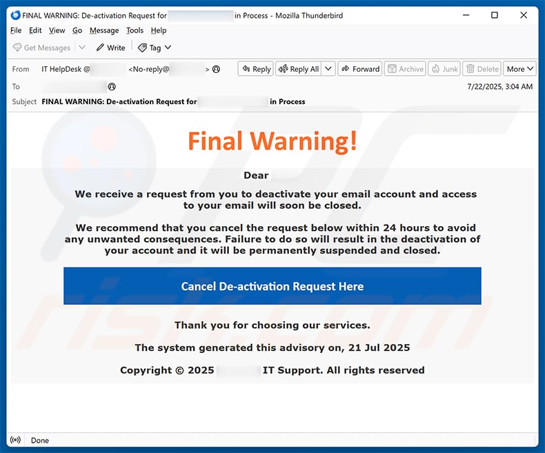 Request To Deactivate Your Email Account scam (2025-07-23)