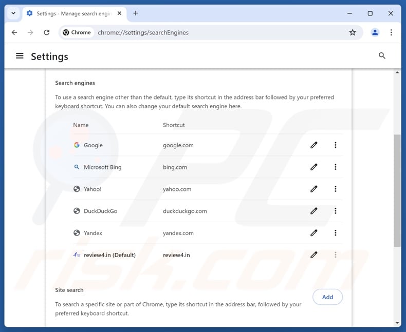 Removing review4.in from Google Chrome default search engine