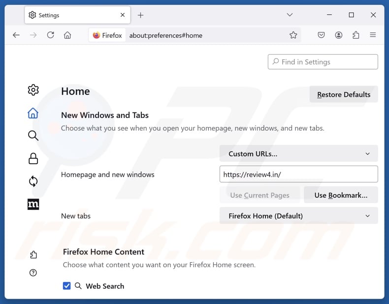 Removing review4.in from Mozilla Firefox homepage