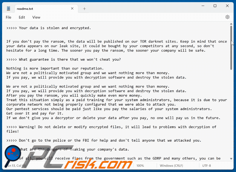 RTRUE ransomware text file (readme.txt)