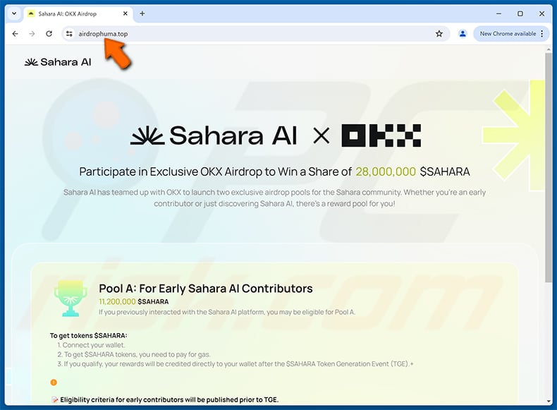Sahara Airdrop scam website - airdrophuma[.]top