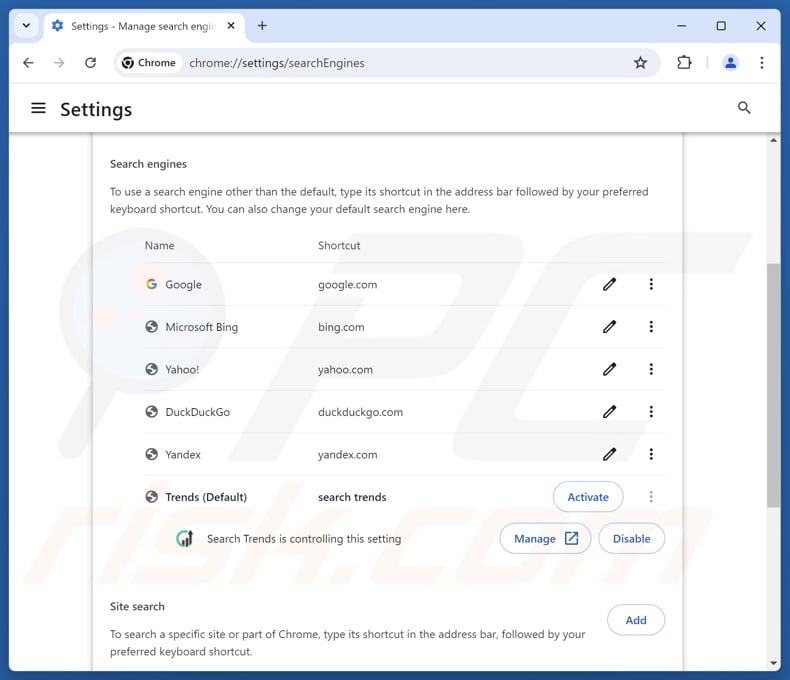 Removing searchingtrends.com from Google Chrome default search engine