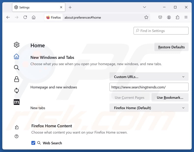 Removing searchingtrends.com from Mozilla Firefox homepage