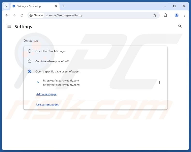 Removing searchvaultly.com from Google Chrome homepage