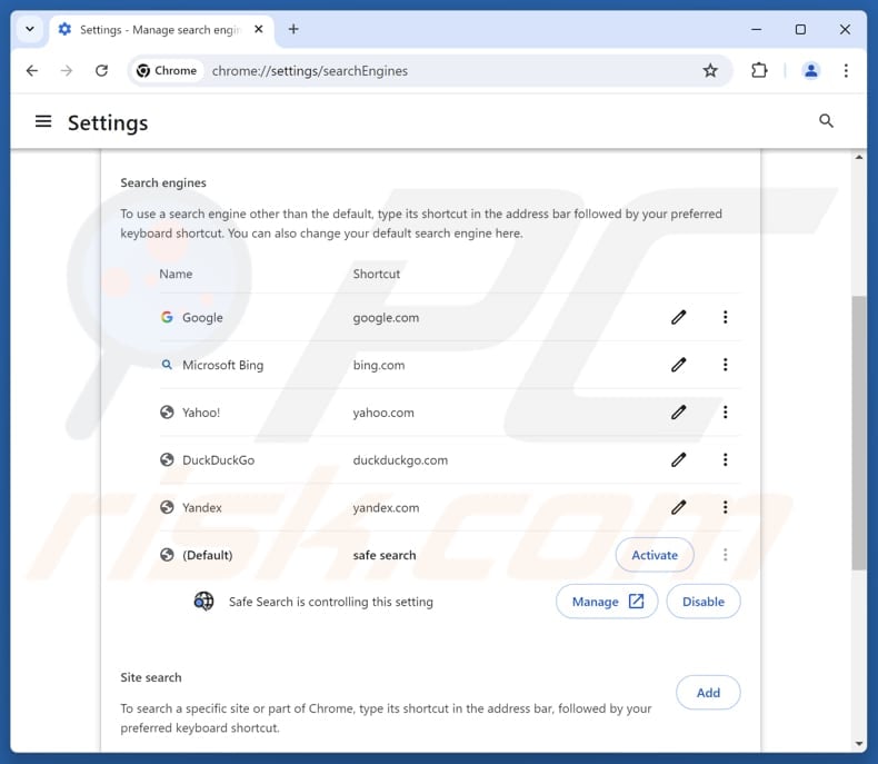 Removing searchvaultly.com from Google Chrome default search engine