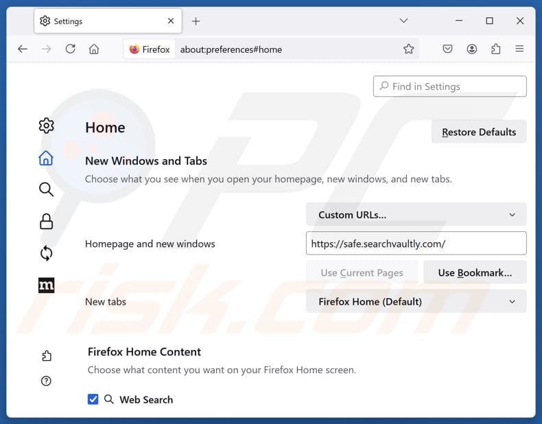 Removing searchvaultly.com from Mozilla Firefox homepage
