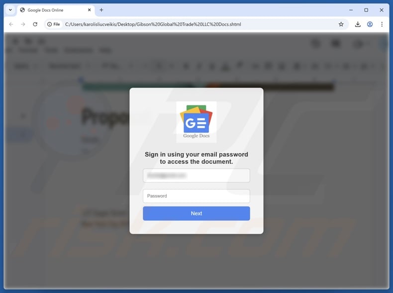 Shared Document - Business Proposal And Product List scam email promoted phishing file (Gibson Global Trade LLC Docs.shtml)
