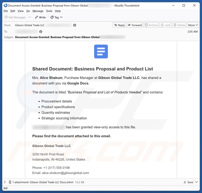 Shared Document - Business Proposal And Product List email spam campaign
