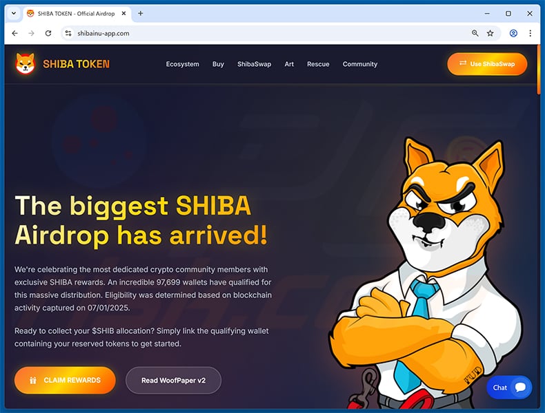 Shiba airdrop scam website (shibainu-app[.]com)