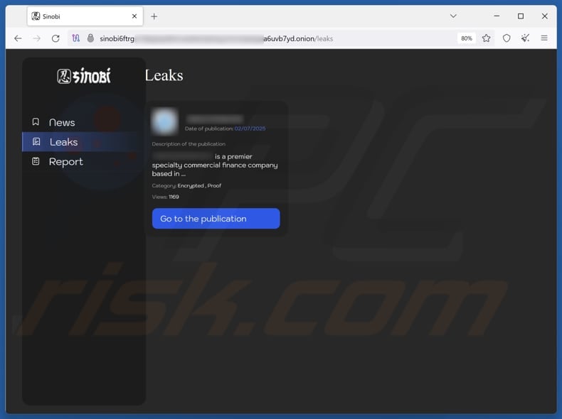 Sinobi ransomware website
