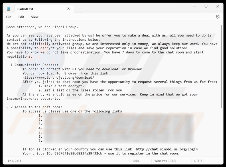 Sinobi ransomware text file (README.txt)