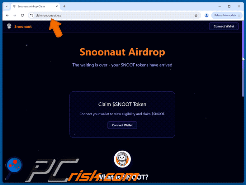 Appearance of the fake Snoonaut ($SNOOT) Airdrop website (GIF)