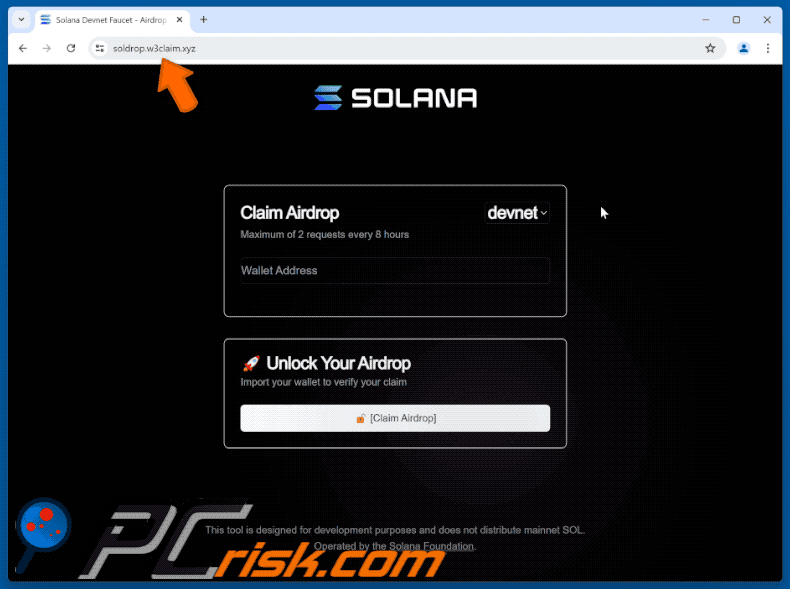 Appearance of the fake Solana Airdrop website (GIF)