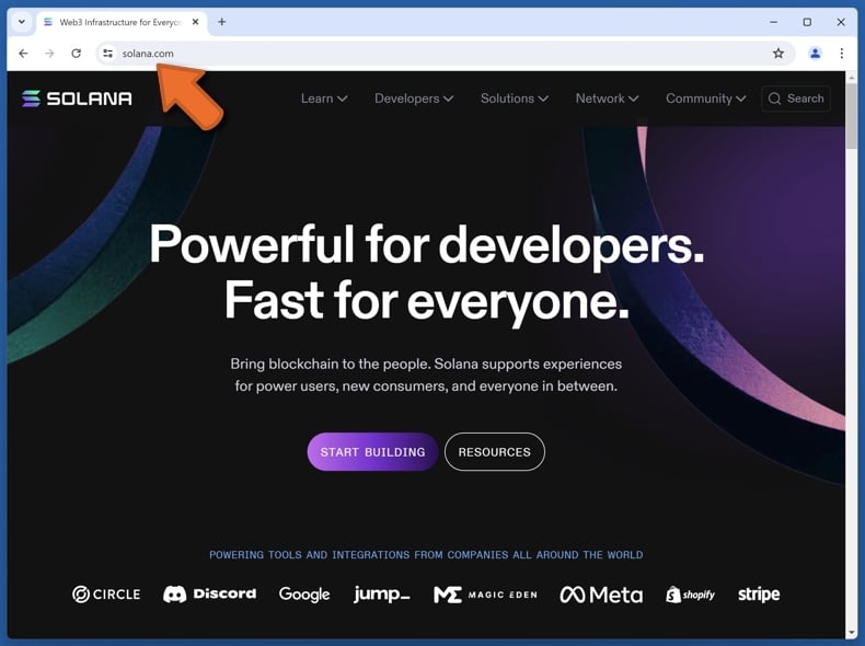Appearance of the real Solana website (solana.com)