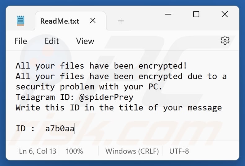 SpiderPery ransomware ransom note (ReadMe.txt)