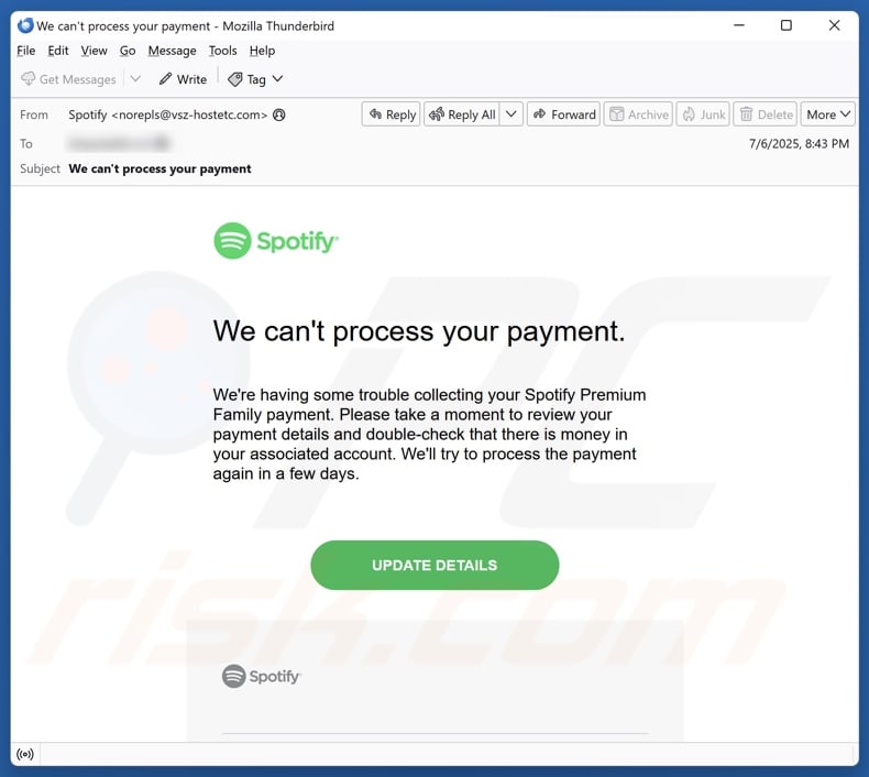 Spotify Can't Process Your Payment email spam campaign