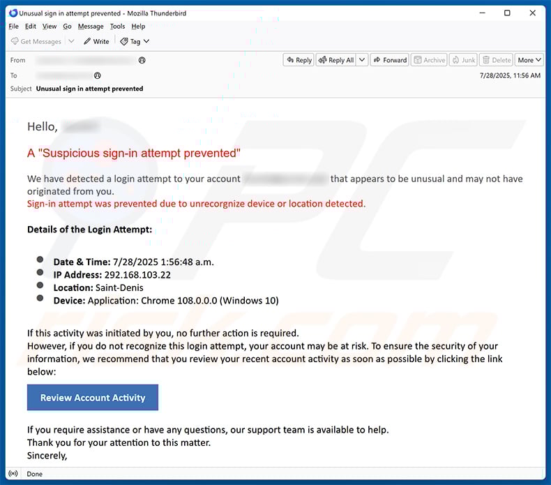 Suspicious Sign-In Attempt Prevented email scam (2025-07-30)