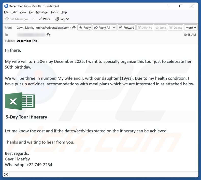 Tour Organization email spam campaign