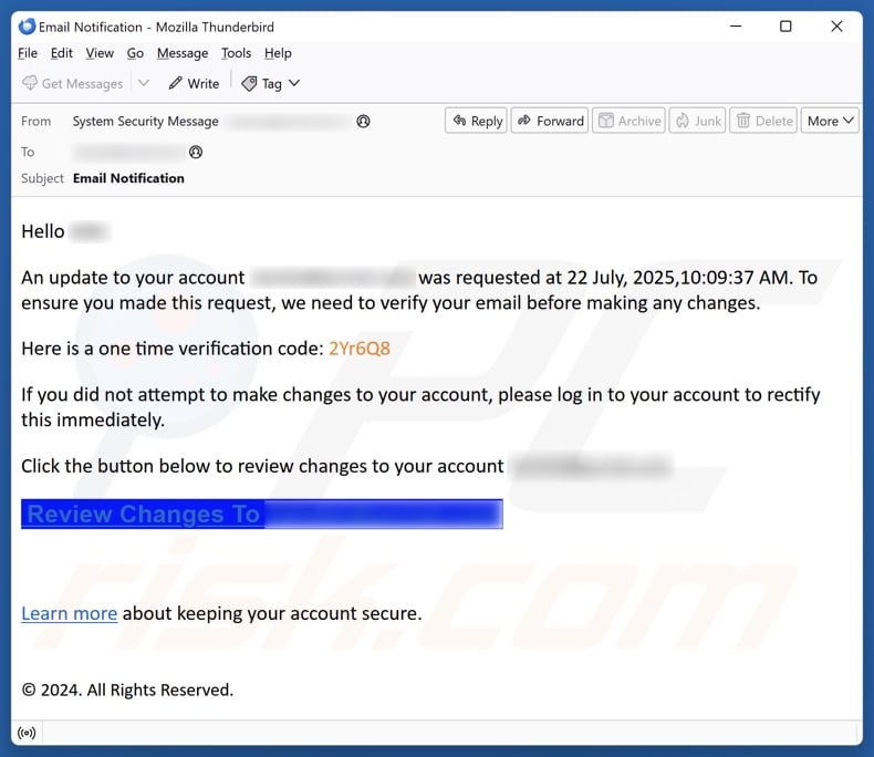Update To Your Account Was Requested email spam campaign
