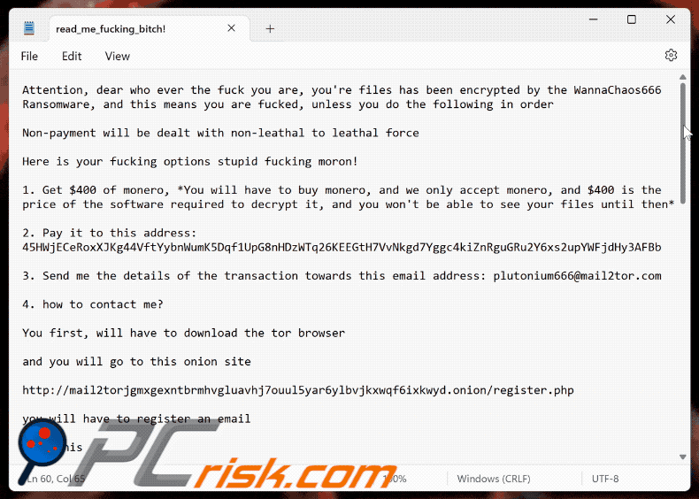 WannaChaos666 ransomware ransom note (read_me_f*cking_b*tch!)