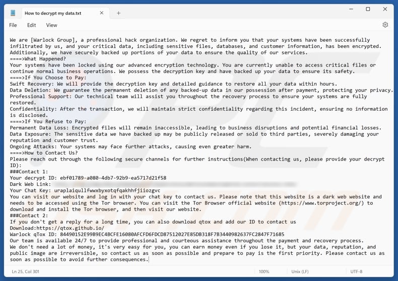Warlock Group ransomware text file (How to decrypt my data.txt)