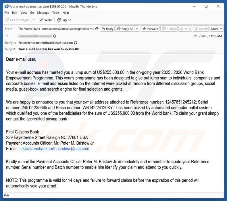 World Bank Empowerment Programme email spam campaign