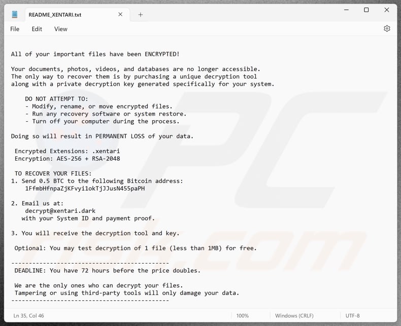 Xentari ransomware ransom note (README_XENTARI.txt)