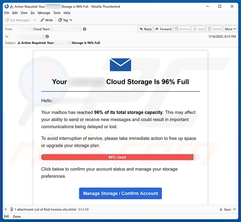 Your Cloud Storage Is Full email scam (2025-07-17)