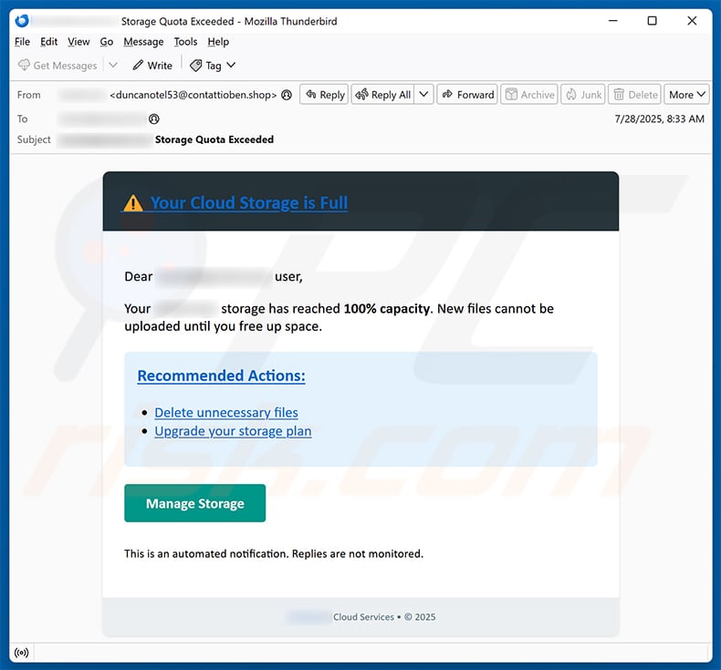 Your Cloud Storage Is Full email scam (2025-07-30)