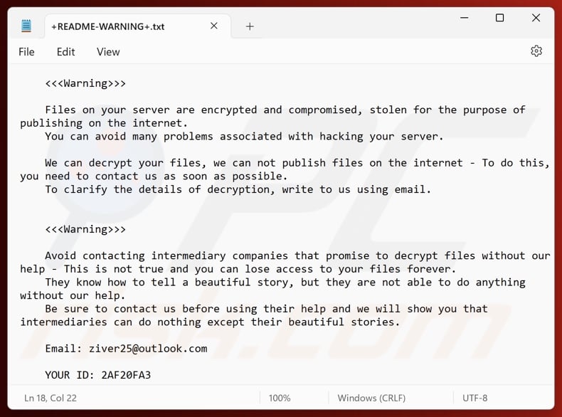 Ziver ransomware ransom note (+README-WARNING+.txt)