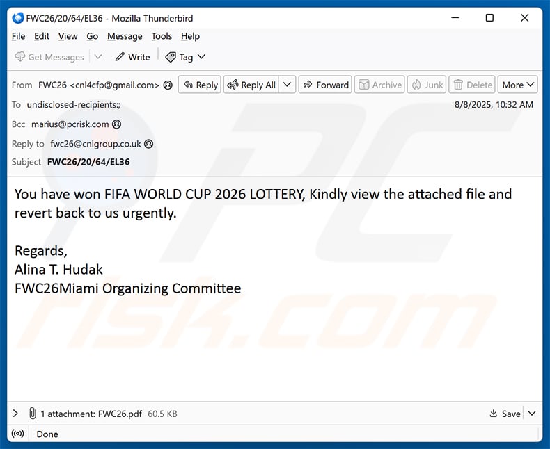 2026 FIFA World Cup Lottery email scam (2025-08-11)