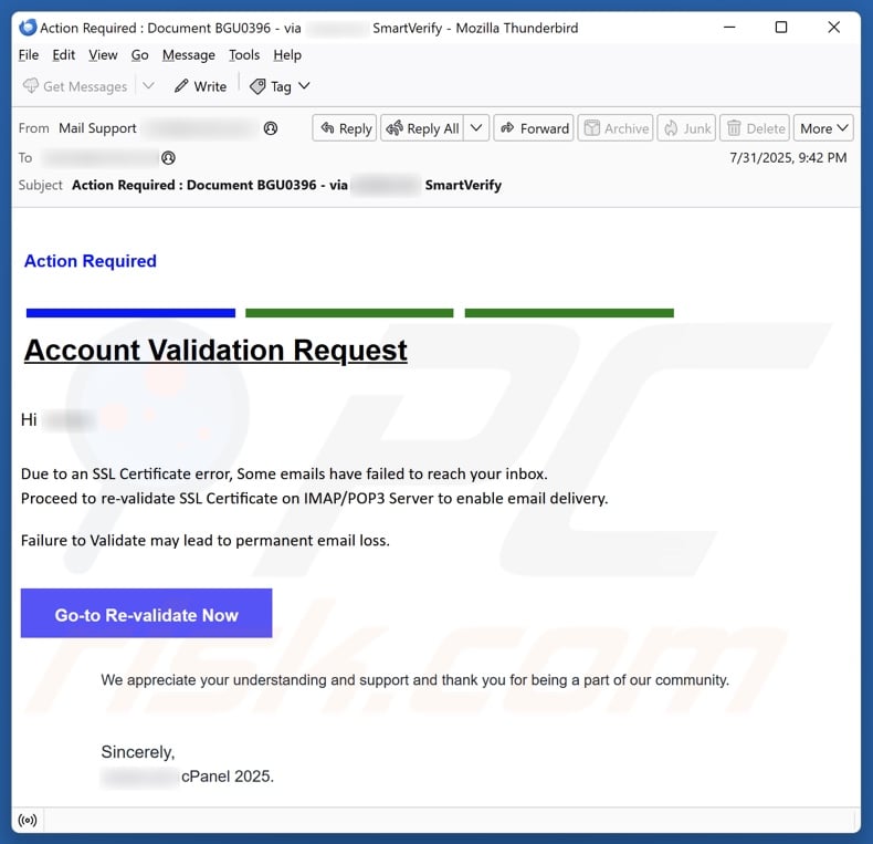 Account Validation Request email spam campaign