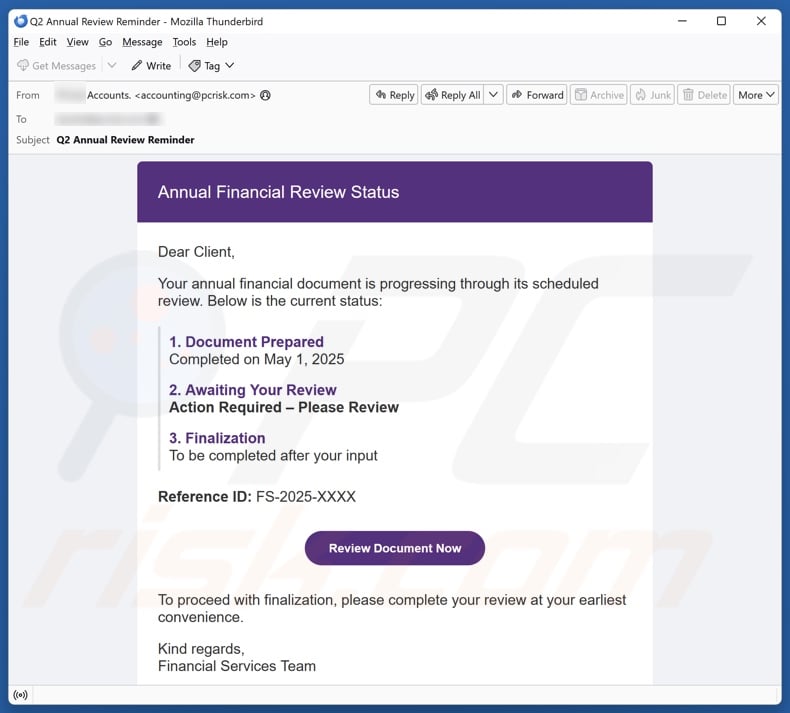 Annual Financial Review Status scam email