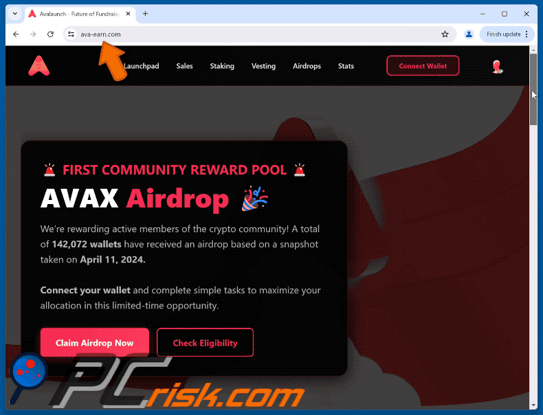 Appearance of the fake Avalanche (AVAX) Airdrop website (GIF)